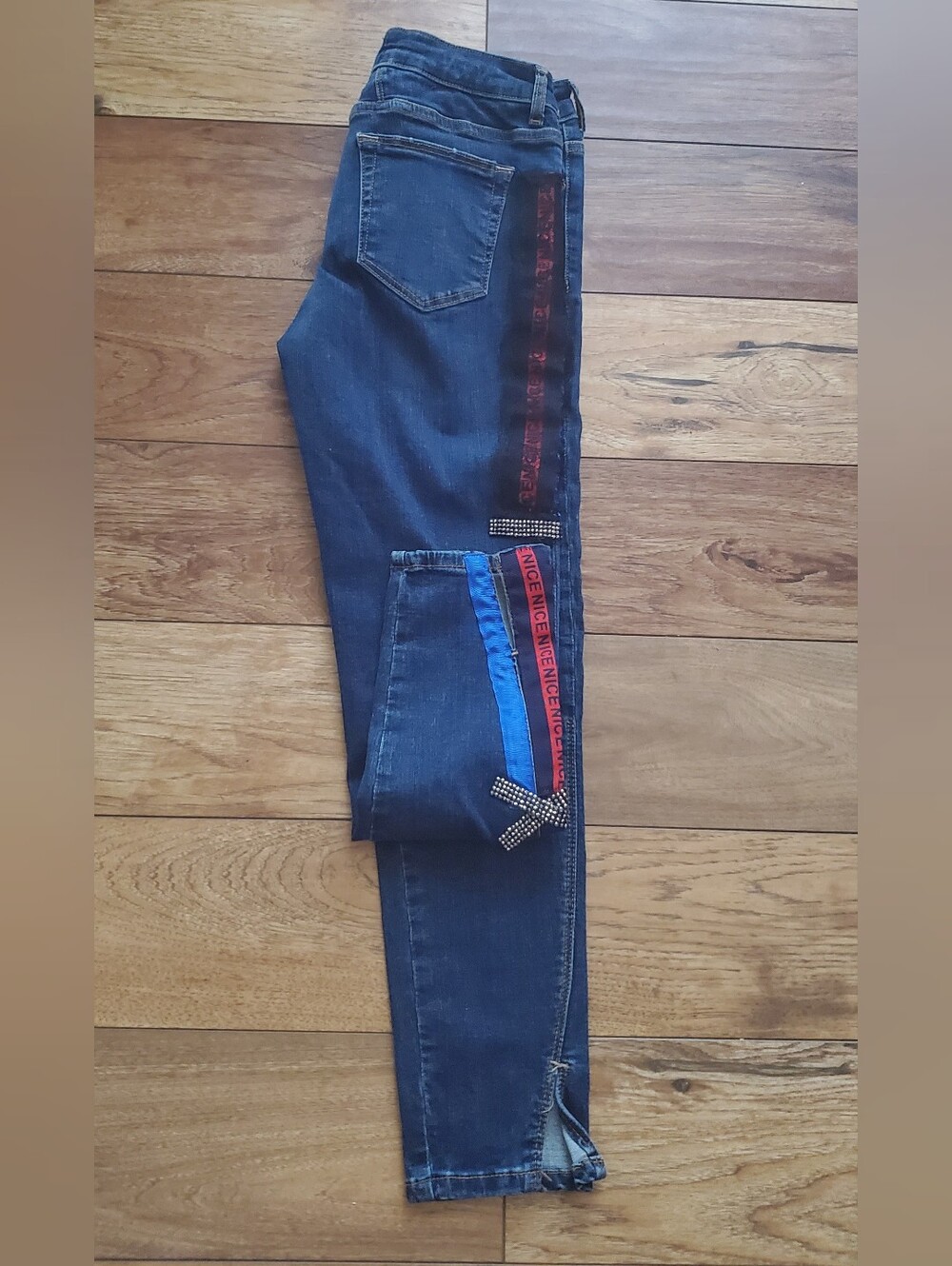 Women's Skinny Dark Blue Jeans with Red & Blue Side Tape
